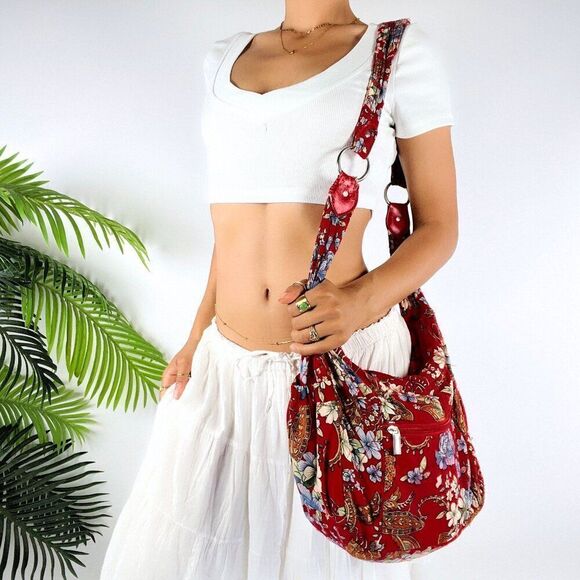 Vintage Y2K Red Floral Paisley Fairycore Beachy Crossbody Bag Bohemian Purse - Picture 1 of 7
